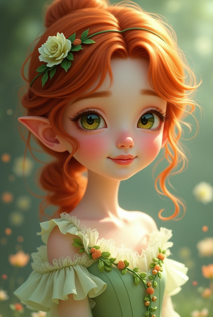 Light crimson hair。Yellow-green eyes。A little lady in a light green dress。Your smile is cute。