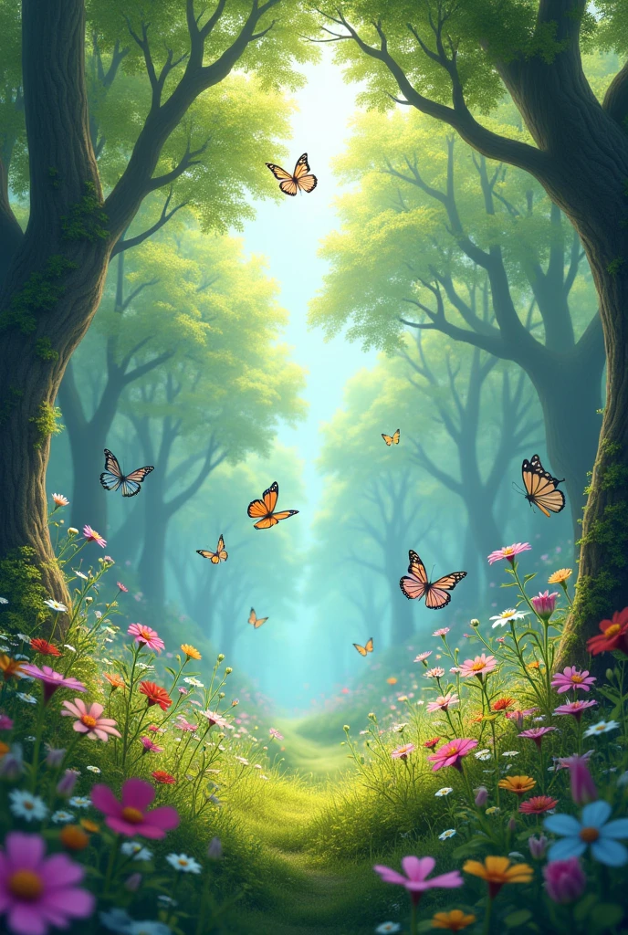 forest with sweet colors, TREES, butterflies and flowers