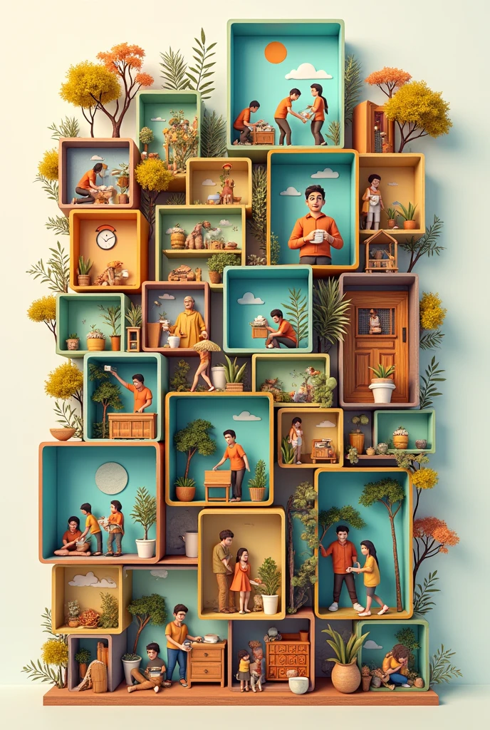 Collage of good deeds arranged in animated boxes with little people taking care of the world. It&#39;s for my religion homework. 





