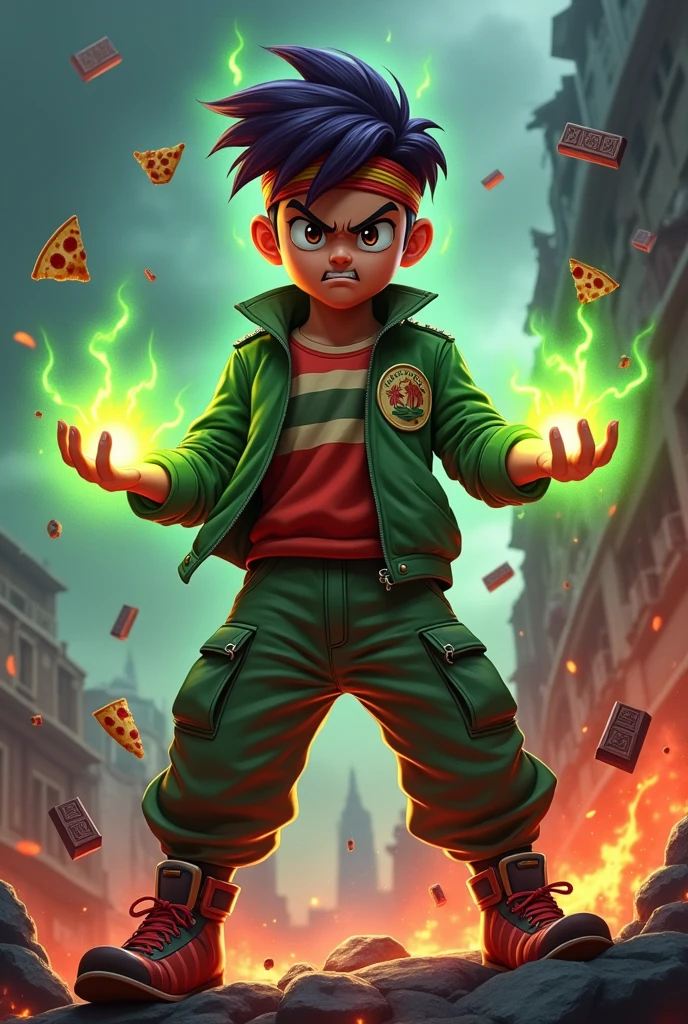 a man real teenage 14 year old india Malaysia Indonesia.) sharp eyes. chubby face. dark skin. india man . Anger face. Open mouth.headbband red whitr. . wearing an (green red stripe jacket) future shirt . anger faces, short hairstyle purple. Dramatic.. stand on lava ,( camouflauge green)cargo pant,, detailed face, cinematic lighting, dramatic atmosphere,.hot day. vibrant colors, 8k, high quality, photorealistic. Hero suit.. hand light green power dark power from his hand. Glowing magic element magic elment from hand, ember everywhere . ,army green logo design on pant . Very strong. Future design dress. Very epic. Very hot background.. dark sky. Very strong . . Flying floating pizza, candy. chocolate bar  everywhere..Shadow Imitation sharp shape power from hand .rasengan . at volcano Damage building. Floating small rock everywhere. kamehameha