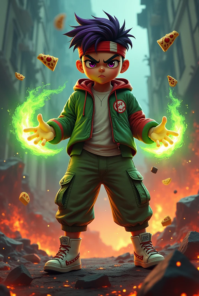a man real teenage 14 year old india Malaysia Indonesia.) sharp eyes. chubby face. dark skin. india man . Anger face. Open mouth.headbband red whitr. . wearing an (green red stripe jacket) future shirt . anger faces, short hairstyle purple. Dramatic.. stand on lava ,( camouflauge green)cargo pant,, detailed face, cinematic lighting, dramatic atmosphere,.hot day. vibrant colors, 8k, high quality, photorealistic. Hero suit.. hand light green power dark power from his hand. Glowing magic element magic elment from hand, ember everywhere . ,army green logo design on pant . Very strong. Future design dress. Very epic. Very hot background.. dark sky. Very strong . . Flying floating pizza, candy. chocolate bar everywhere..Shadow Imitation sharp shape power from hand .rasengan . at volcano Damage building. Floating small rock everywhere. kamehameha