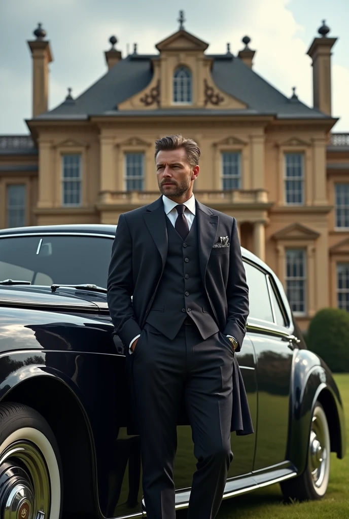 A man with coat suit and standing aside on rolls royce car and the background in a big house.