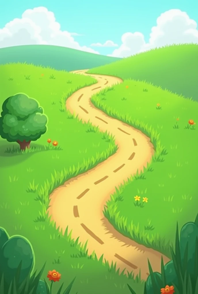 Cartoon of a road on the ground, surrounded by grass.