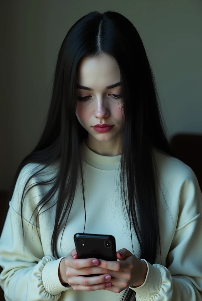 Wednesday Addams with a phone in her hands wearing a white sweatshirt