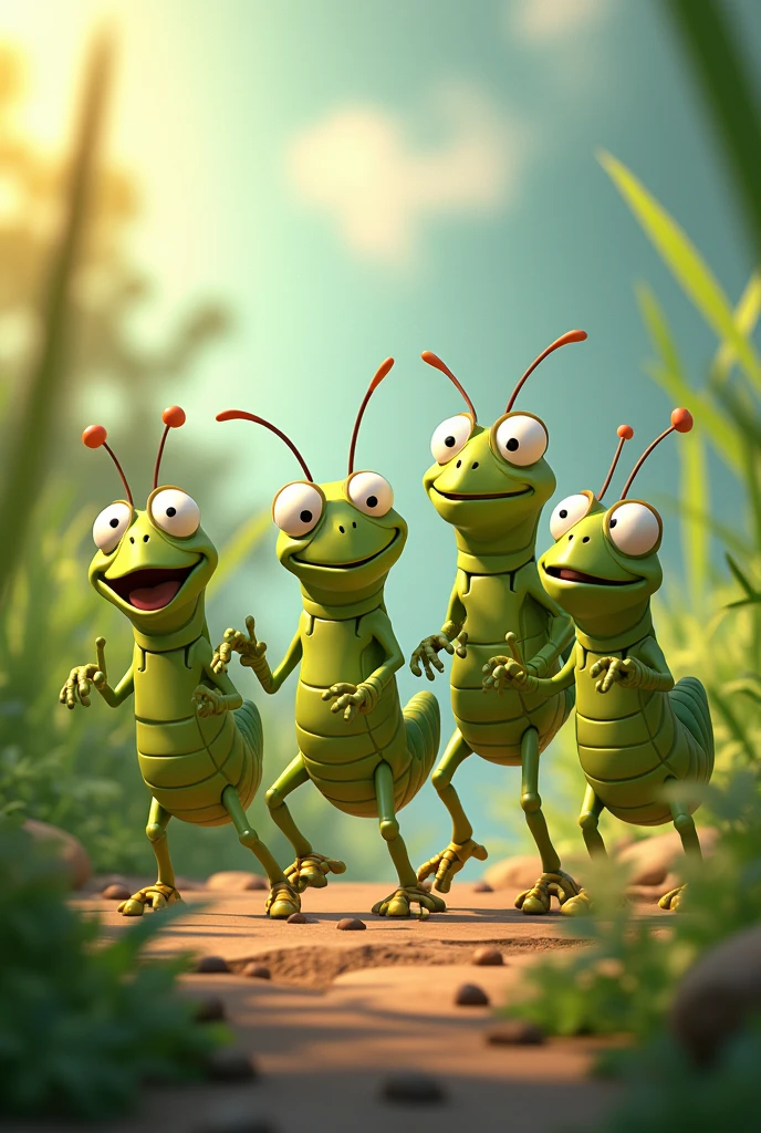 Animated grasshoppers that have text "grasshoppers gang's"