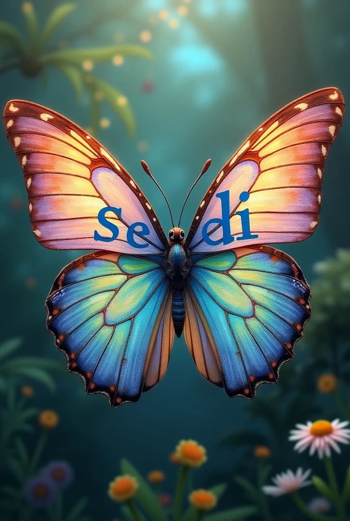 Butterfly that has the name written on it "Seydi" en grande de color azul Seydi
