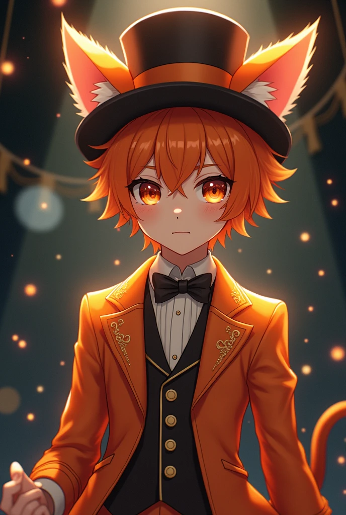 Create an image of an anime boy with orange cat ears, He wears a typical circus presenter outfit, only orange and wearing a top hat in a sensual pose.