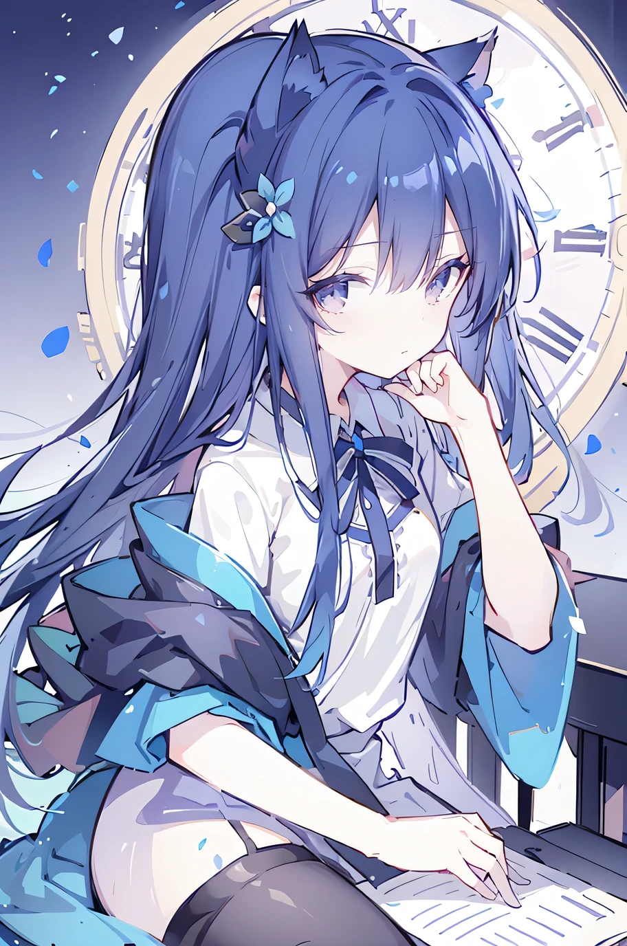 (Masterpiece:1.2),Ultra-detailed,lifelike,The eyes are expressive,Fair skin,Perfect face shape,1 girl,Japanese Manga,Gorgeous blue hair,Flowing blue hair,Flowing clothes,Cat ears,Petals falling,Shy face,sitting on window,Place your hand on your lips,masterpiece, absurdres, novel cover, cover illustration, 1girl, solo, dark blue-haired ponytail, mage robes, flower background, clock background, monochrome, line drawing