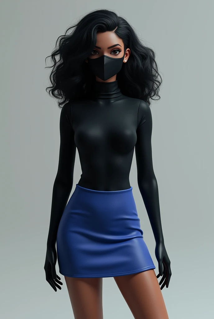 3d female character, big hair, black turtleneck shirt, short blue skirt black face mask