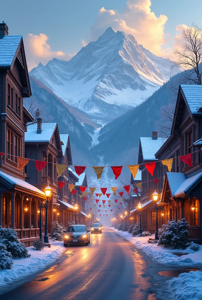 Cold mountain town. With mid-rise Victorian buildings, snow on their tops and on the top of the mountain, similar to the andes. Beautiful lights illuminating the city. Colorful banners on the street of a medieval town in a festive style, but it is a current city, with asphalt and cars passing by