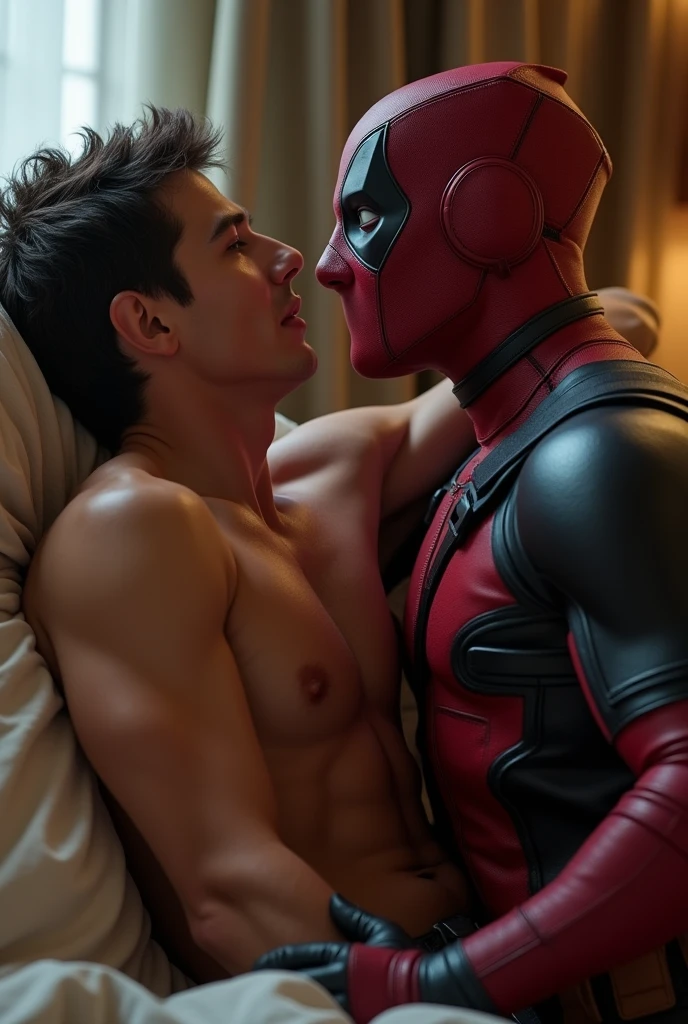 (photorealism:1.2), deadpool with tom holland , suck dick on bed , he is coming to cum.