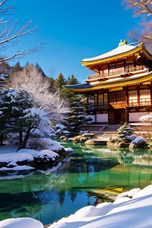 The glittering Golden Pavilion Temple,Snow Kinkakuji Temple、snow covered、The reflection of Kinkaku-ji Temple sparkles on the lake、