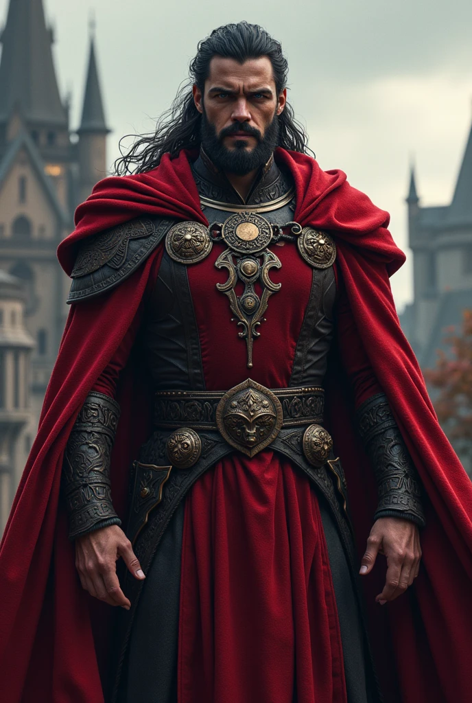 Handsome king, 1, powerful, blood magic, wears crimson red colors, medieval, Henry cavill looking, muscular, dark hair, mysterious, tall, courageous, big muscular arms, white, blue eyes, English descent. Henry cavill, hot kingdom