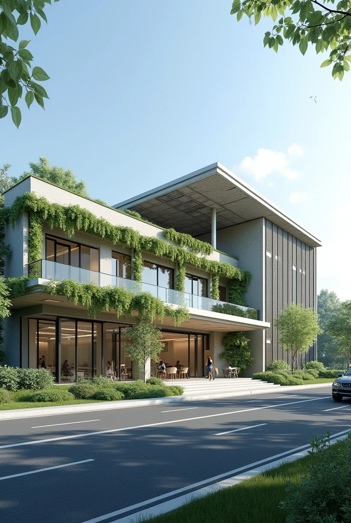 an exterior design of a highly energy-efficient, eco-friendly healthcares, near the road, indoor environmental quality that address the quality of the space for its occupants, such as air cleanliness, thermal control, and noise pollution, clerestory windows, and solar panels for energy efficiency, allowing for an abundance of natural light and reduced carbon footprint, resilient in landslides, rainwater catchment, vertical gardens and living walls, electric vehicle charging stations, energy efficient lightings, and zoomed in to showcase the details of the sustainable building for a healthcare,
