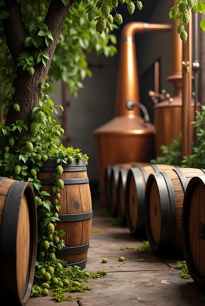 Beer barrels with hops, brewing machines of the 20th century