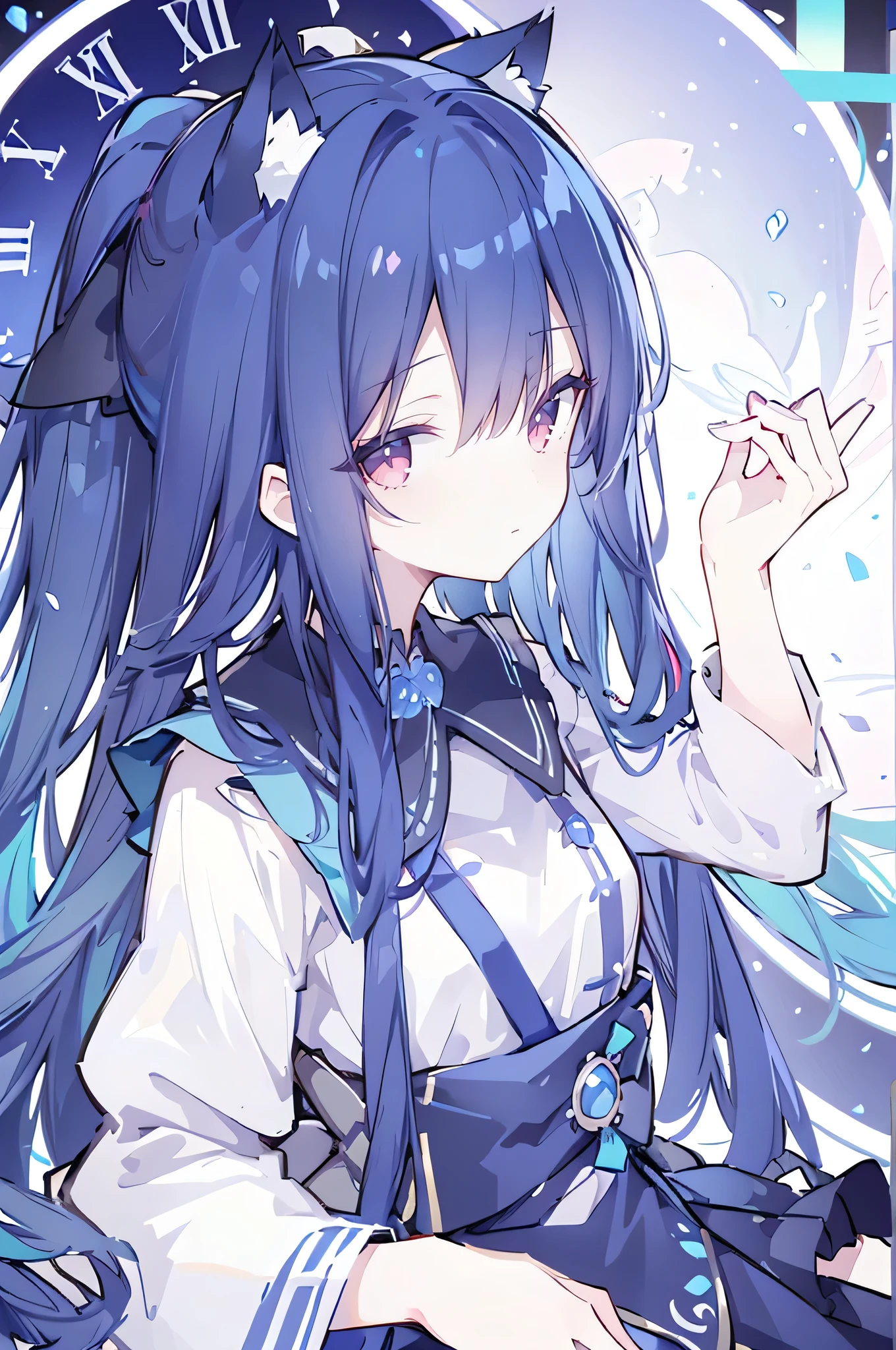 (Masterpiece:1.2)，Ultra-detailed，lifelike，The eyes are expressive，Fair skin，Perfect face shape，1 girl，Japanese Manga，Gorgeous blue hair，Flowing blue hair，Flowing clothes，Cat ears，Petals falling，Shy face，sitting on window，Place your hand on your lips,masterpiece, absurdres, novel cover, cover illustration, 1girl, solo, dark blue-haired ponytail, mage robes, flower background, clock background, monochrome, line drawing