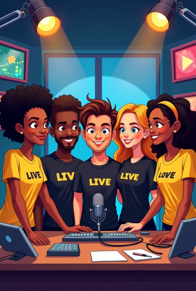 Cartoon of a podcast team made up of 5 members, 2 dark-skinned men, A Caucasian man and two young Caucasian women, all wearing black and yellow shirts and live broadcast equipment