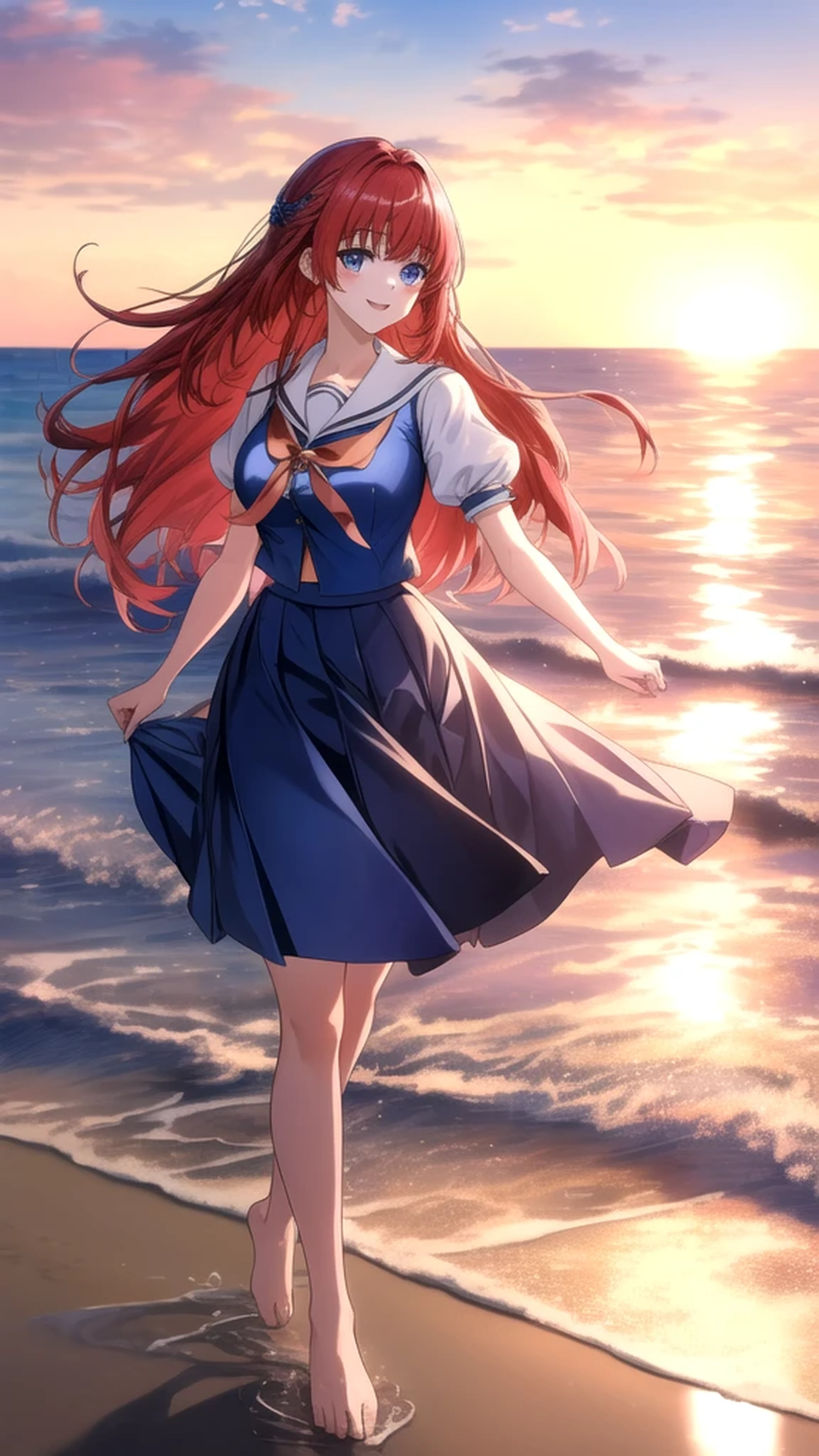 kotorishirakawa, ((masterpiece, best quality, highres, distinct_image)), extremely beautiful and delicate, extremely detailed, intricate detail, 1girl, solo, short stack, huge breasts, red hair, long hair, straight hair, Blue eyes, BREAK skirt, school uniform, short sleeves, puffy sleeves, puffy short sleeves, Cute Smile Open your mouth, Are standing, (She walked along the beach in the sunset, her bare feet touching the water, the closest she came to seeing that smile:1.1), barefoot, Two Arms, (cinematic angle:1.1),