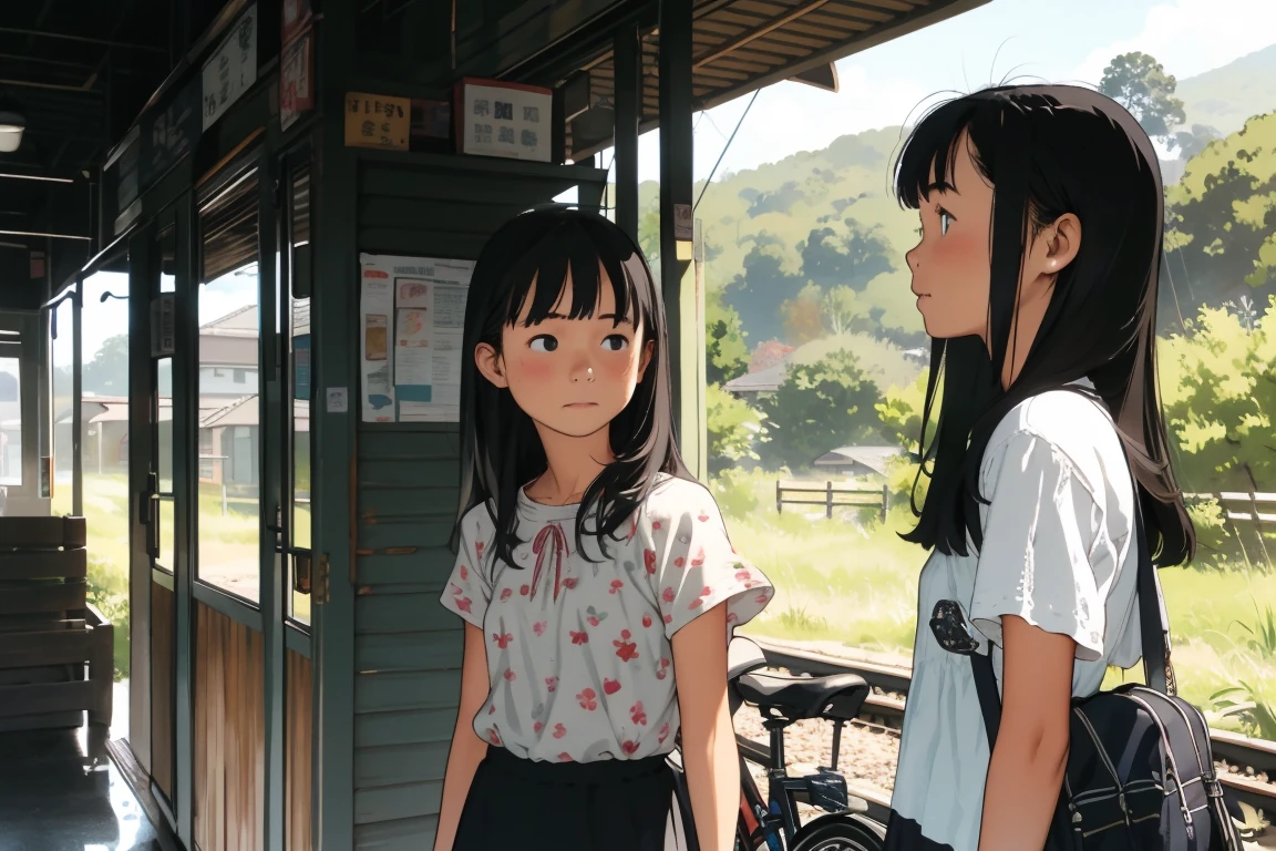 masterpiece, Highest quality,plural, Three Girls、Railway stations、(line:1.2)、(countrysideのローカル線の無人駅のホームで)、bicycle、Black Hair, short hair、Long Hair, Hair ties, hair band, hair ornaments, Straw hat、Shorts, skirt、dappled daylight、Outdoor, nature, wood々、 Grassland、countryside、Suburban、