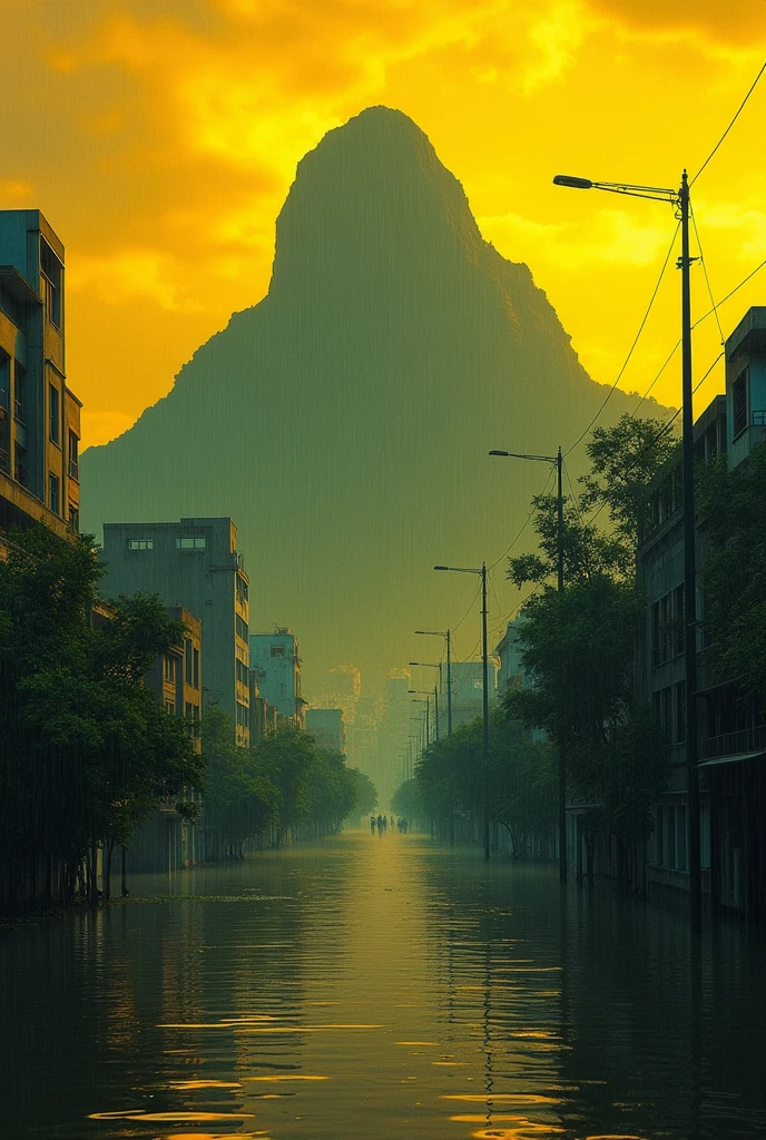 Caracas city, Venezuela and the Ávila mountain, yellow sky with red, rain, city completely flooded with water