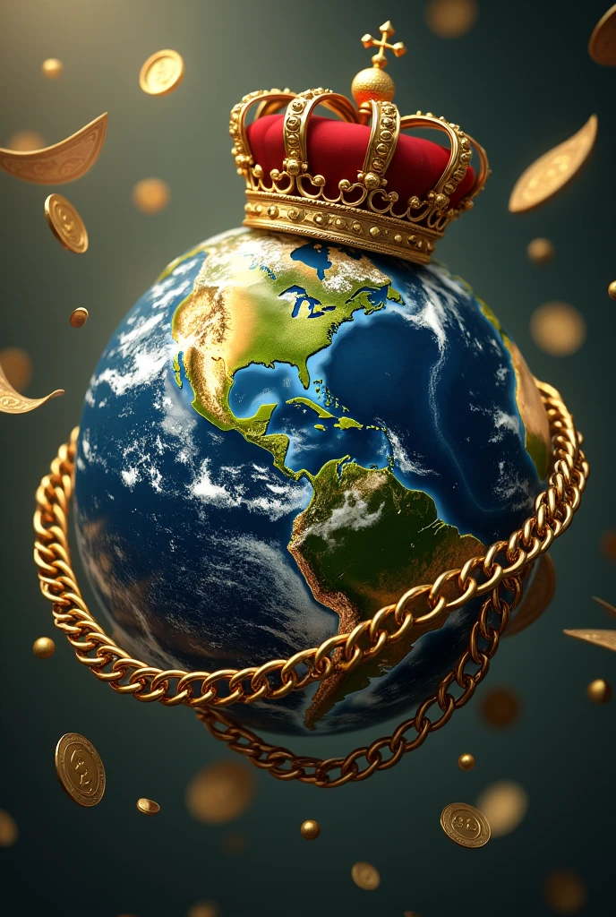 A world of dollars, with a king's crown and chains surrounding the world