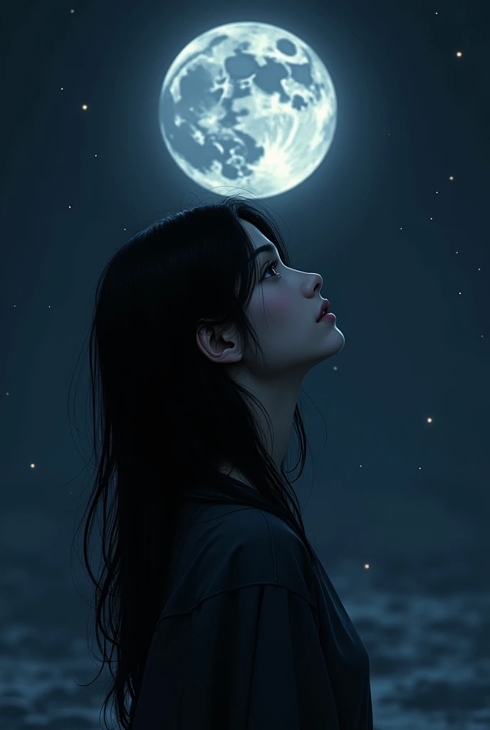 A girl, her jet black hair was loose, Both of his eyes are also jet black.. Looking at the moon with a sad gaze while smiling softly.