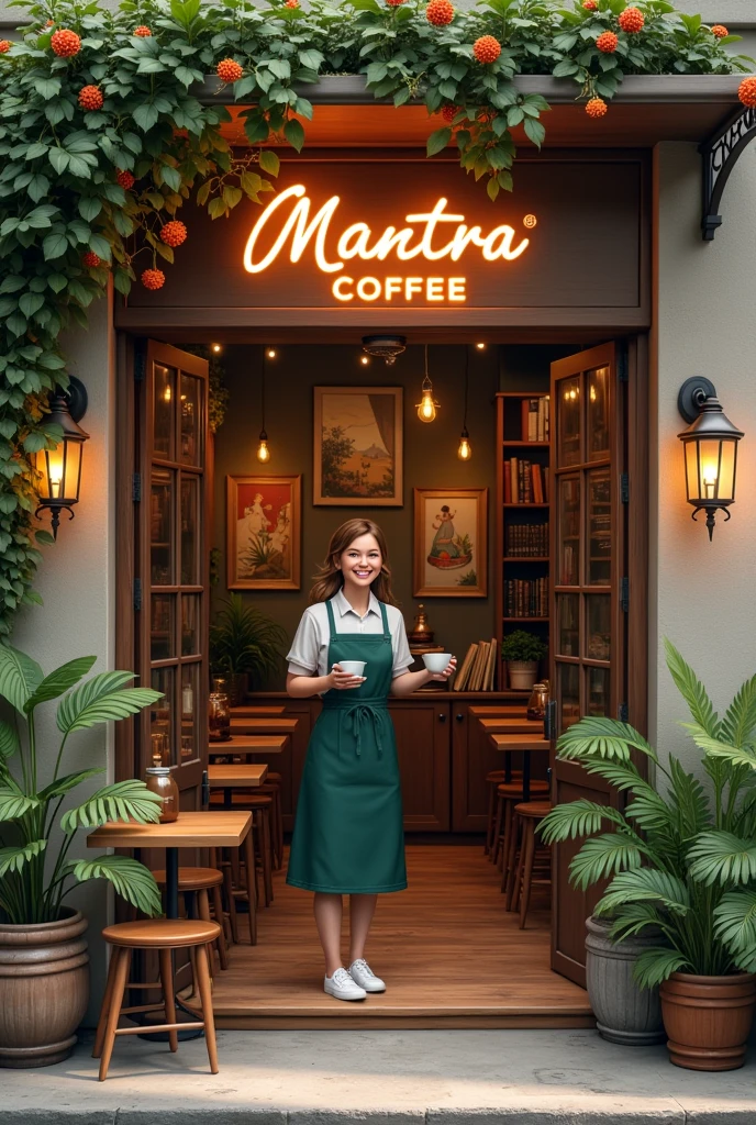 Entrance to a cafe with wooden tables outside, with a sign that says mantra coffee, illuminated, with plants, books, colorful paintings. At the entrance a female Barista with a cup of coffee in her hand and a smile on her face. He addresses the audience with enthusiasm.