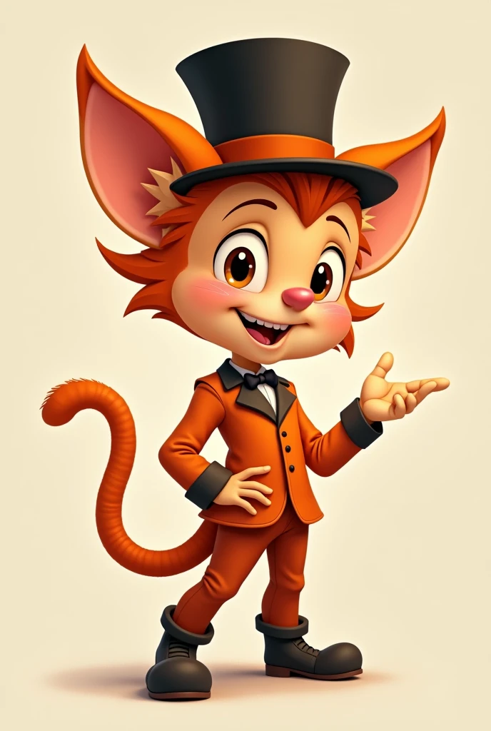Create an image of a Cartoon boy with orange cat ears, He wears a typical circus presenter outfit, only orange and wearing a top hat in a sensual pose.