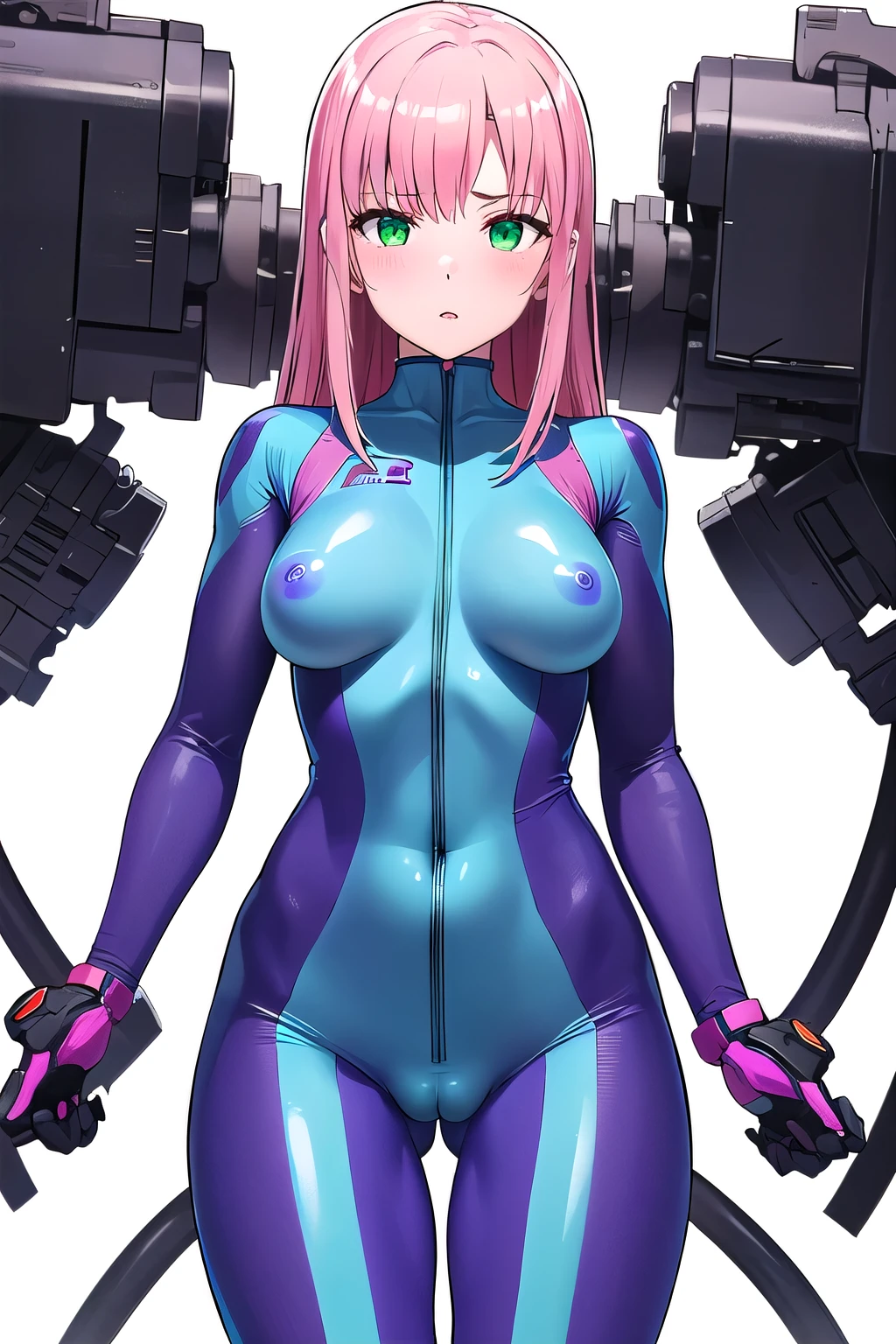 1girl,Samus aran,solo,green eyes, pink hair, forehead hair, white zero suit,white body suit,purple stripes,cowboy shot,blush,,Science fiction,ultra-detailed,sharp focus,aesthetic,(best quality), white background, (get out of the bodysuit.:1.2), (NSFW:1.3)