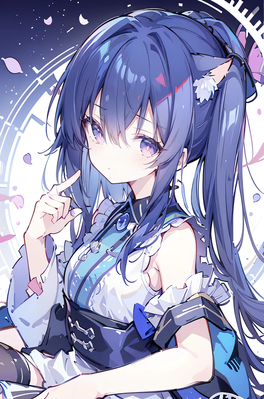 (Masterpiece:1.2)，Ultra-detailed，lifelike，The eyes are expressive，Fair skin，Perfect face shape，1 girl，Japanese Manga，Gorgeous blue hair，Flowing blue hair，Flowing clothes，Cat ears，Petals falling，Shy face，sitting on window，Place your hand on your lips,masterpiece, absurdres, novel cover, cover illustration, 1girl, solo, dark blue-haired ponytail, mage robes, flower background, clock background, monochrome, line drawing