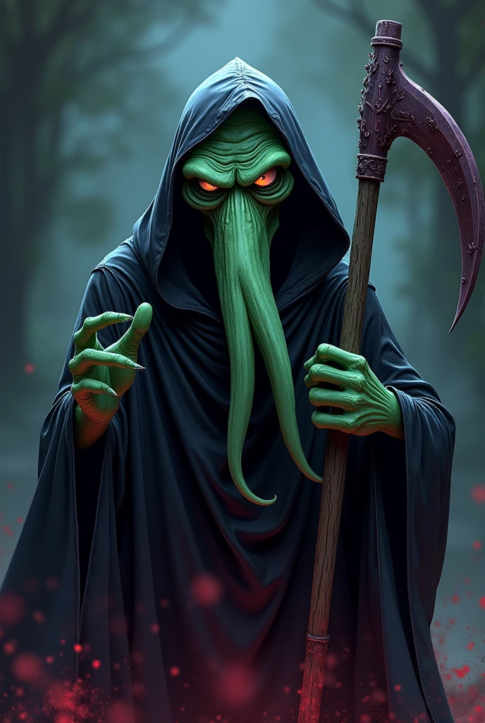 Squidward from SpongeBob wearing a death costume with a sickle in onde hand