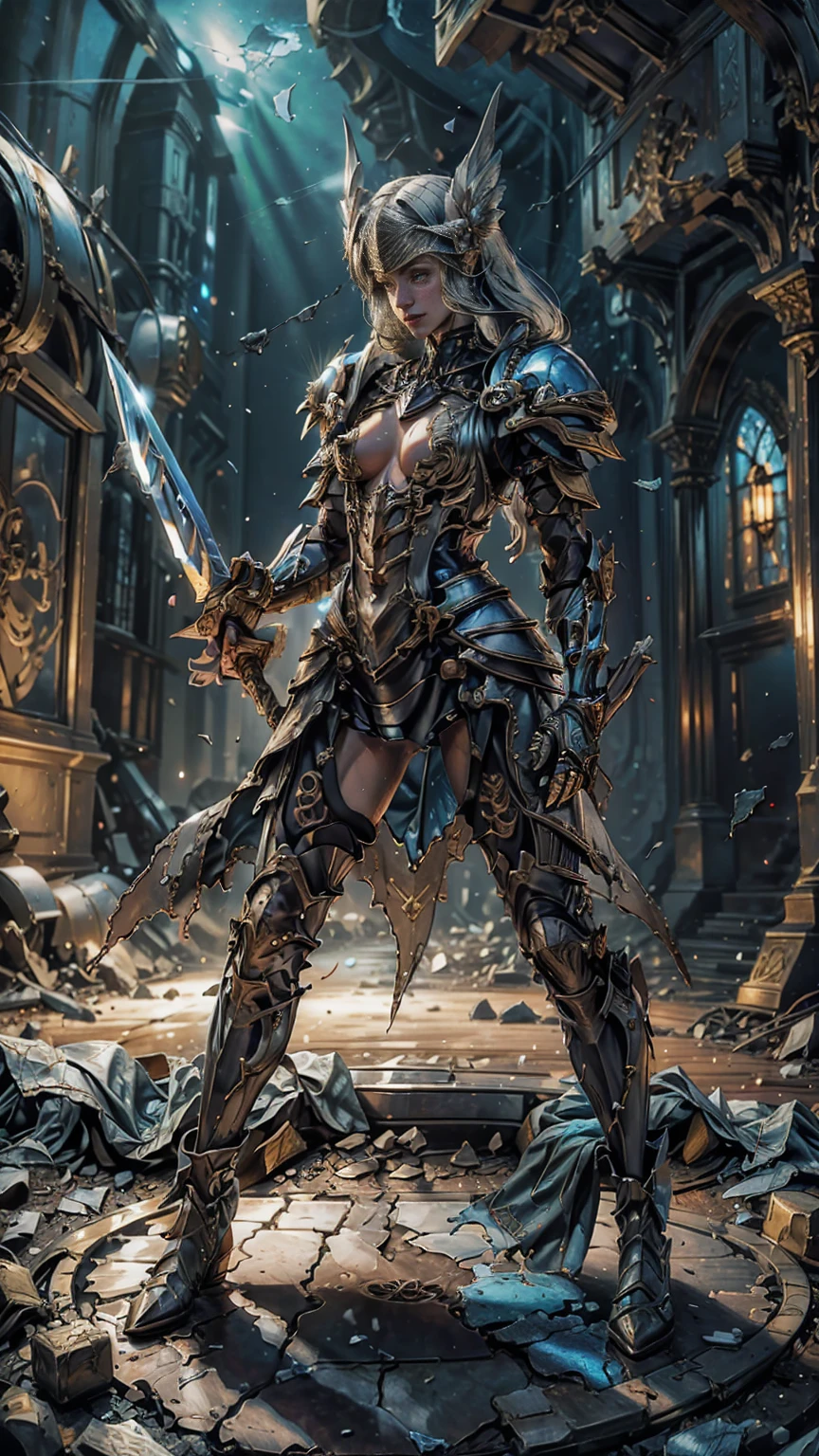 Lenneth from 'Valkyrie profile', BREAK: blue plate mech4rmor, (damaged chest armor exposing skin:1.37), glowing sword raised in victory, thigh cutout, long skirt, BREAK: standing, contrapposto stance, arms behind back, light smile, BREAK: darkest dungeon,castle, detailed face, detailed hands, (insanely detailed, masterpiece, best quality), solo, BREAK: fantasysword sword, wings