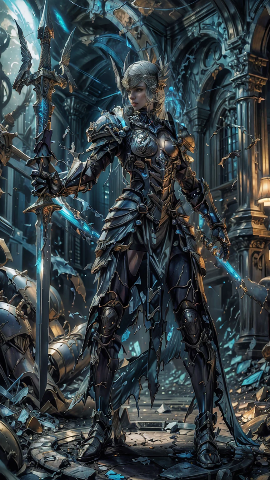 Lenneth from 'Valkyrie profile', BREAK: blue plate mech4rmor, (damaged chest armor exposing skin:1.37), glowing sword raised in victory, thigh cutout, long skirt, BREAK: standing, contrapposto stance, arms behind back, light smile, BREAK: darkest dungeon,castle, detailed face, detailed hands, (insanely detailed, masterpiece, best quality), solo, BREAK: fantasysword sword, wings