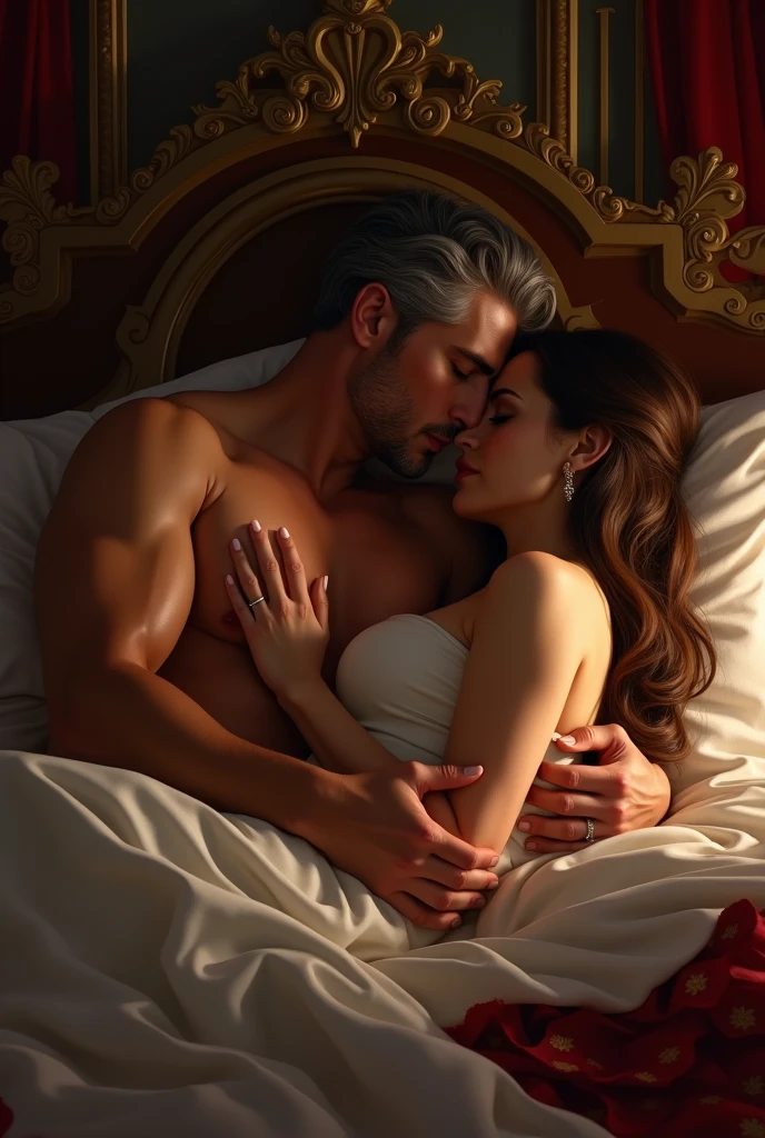 illustrates a 50-year-old king bare-chested on his honeymoon with his wife in bed