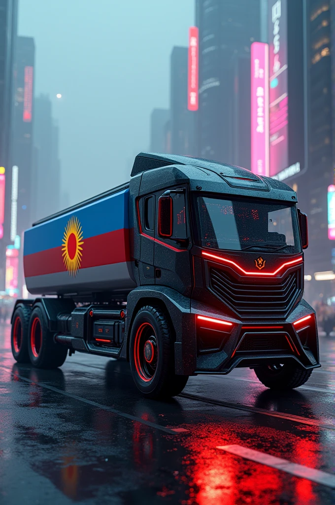 Black Cyber truck with Kyrgyz Republic flag