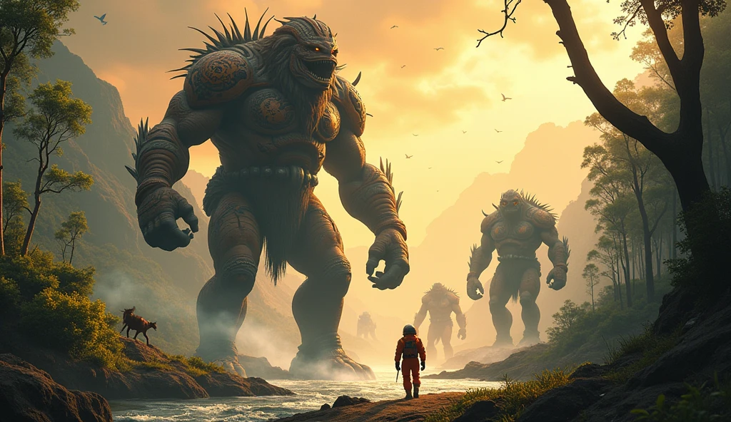 (masterpiece:1.2,of the highest quality,Super detailed,realist,Ultra high resolution camera),8k,Wallpaper,(indigenous giants against orange astronaut. war encounter, fight in the river,(pandora forest, virgin forest and a river 2.0),Landscape painting,dynamic