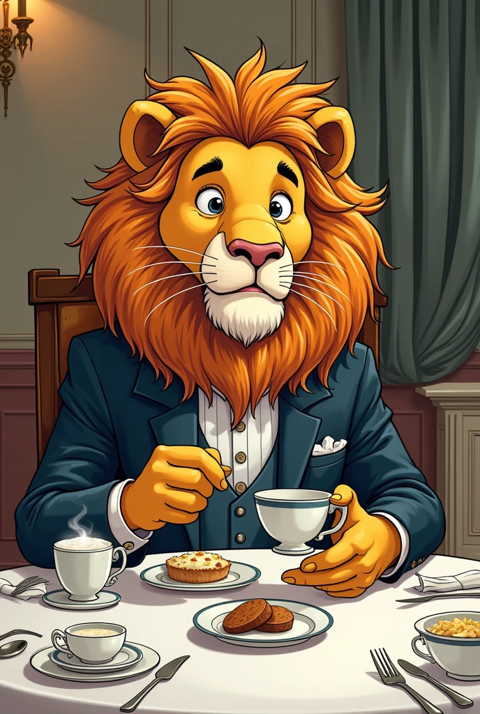Lion at a table service drawn comic 