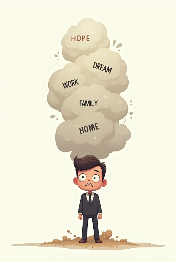 A cartoon cutout in white background of a man saying i am fine and looking at front with scared smile but buried under huge hill of a lot of obstacles like hope, dream, work, family, home