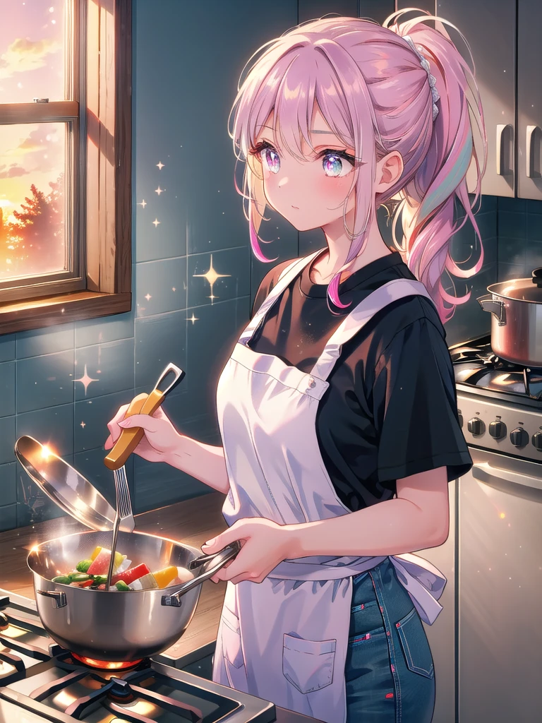 ((8k, Highest quality, masterpiece: 1.3)),Ultra-high resolution,(1 girl, alone), (Color changing eyes, Ultra-detailed, Expressive brilliance, Glitter, Glowing Eyes), Highly detailed eyes, Highly detailed face, Random Hair, ((pastel colour)),The girl is standing in the kitchen, helping her mother prepare dinner. She’s wearing an apron over a simple t-shirt and jeans, her hair pulled back into a ponytail to keep it out of her face. She’s carefully chopping vegetables on a cutting board, her expression one of concentration and care. The kitchen is bright and modern, with pots and pans hanging from a rack and the smell of delicious food filling the air. The sun is setting outside, casting a warm glow through the windows, and the sound of sizzling from the stove adds to the comforting, homey atmosphere. (sunset light, casual outfit, focused expression, cooking scene)