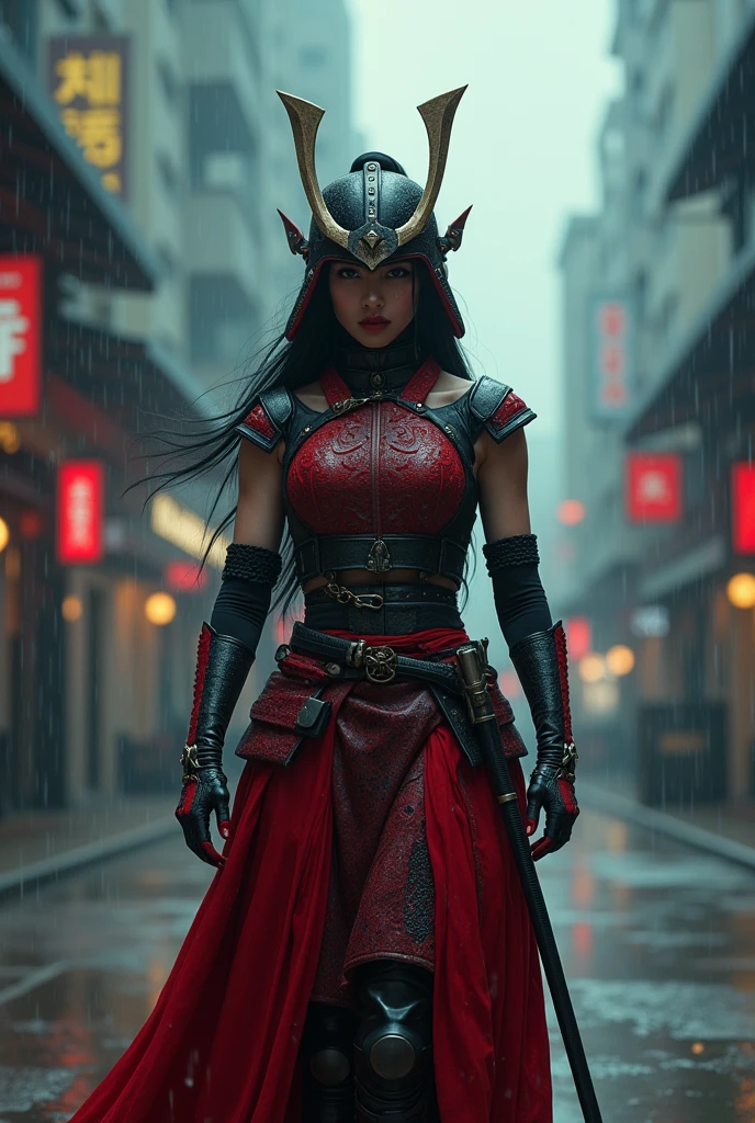 Female warrior,1 Japanese girl,war frame,complex pattern,Heavy metals,energy line,anonymous,bright eyes,elegant,excruciating,red and black uniform,Alone,modern,city,street,Dark Clouds,Thunder,heavy rain, ,Impressive lighting,,(Masterpiece:1.2), Highest quality, High resolution, Beautiful detail, high detail, perfect light, Full helmet coverage, Dark Clouds, desert
