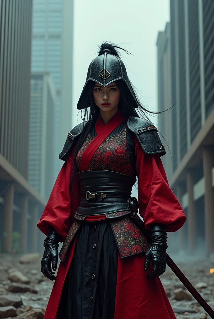 Female warrior,1 Japanese girl,war frame,complex pattern,Heavy metals,energy line,anonymous,bright eyes,elegant,excruciating,red and black uniform,Alone,modern,city,street,Dark Clouds,Thunder,heavy rain, ,Impressive lighting,,(Masterpiece:1.2), Highest quality, High resolution, Beautiful detail, high detail, perfect light, Full helmet coverage, Dark Clouds, desert