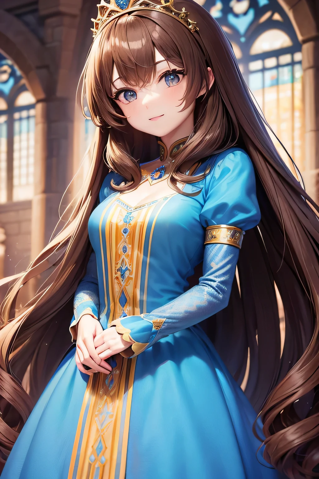 long brown haired queen, with a blue princess dress, with 8k HD ice kingdom background