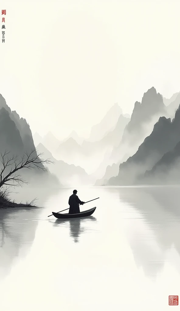 Chinese Ink wash painting of a fisherman, painting without text or stamp, simplification painting, negative space, small ship, mountain, ink brush