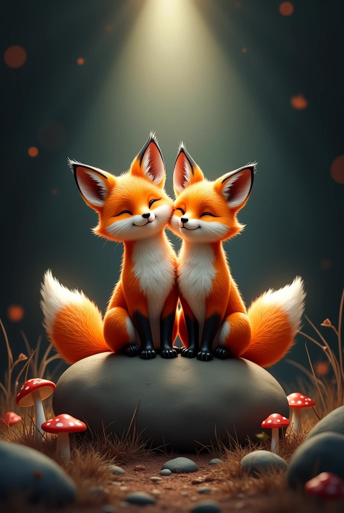 Cute fox couple,sitting on rock,black Background,spotlight,comic,Steampunk,
, bokeh,mushrooms,glowing outlines,Pop Art stil,urban