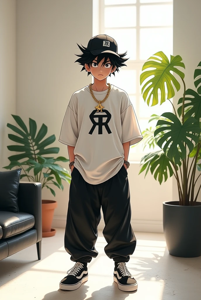goku niño, hip hop style cap on head, standing in a room with white walls with black furniture and bright lights, slave chain with the initial Arx in gold, White loose t-shirt with a print in the center with ARX written in black, long black pants and Nike Vans-type sneakers, interior, soft light, relaxed pose, Plants in the background, realist, warm colors, by Greg Rutkowski, by Alphonse Mucha