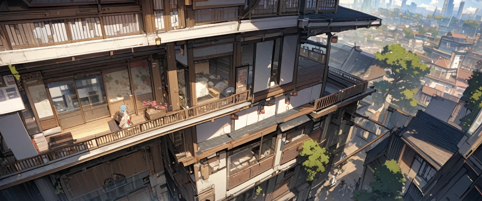 A perfect future city　It is written in Japanese　There is a balcony　Highest quality　Masterpiece