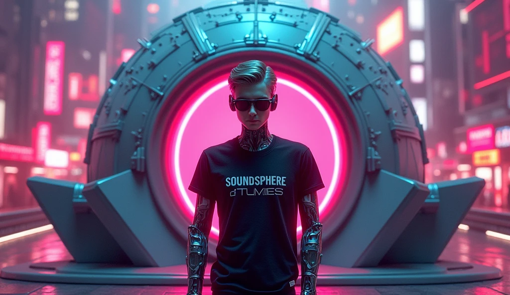 A rocker dome with sunglasses and a t-shirt black that says SoundSphereTunes