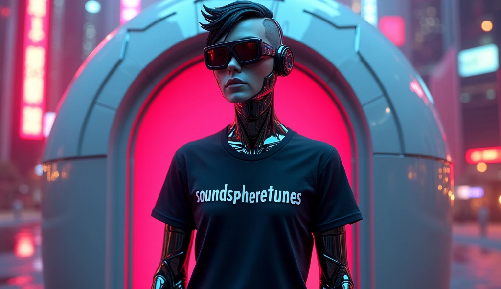 A rocker dome with sunglasses and a t-shirt black that says SoundSphereTunes