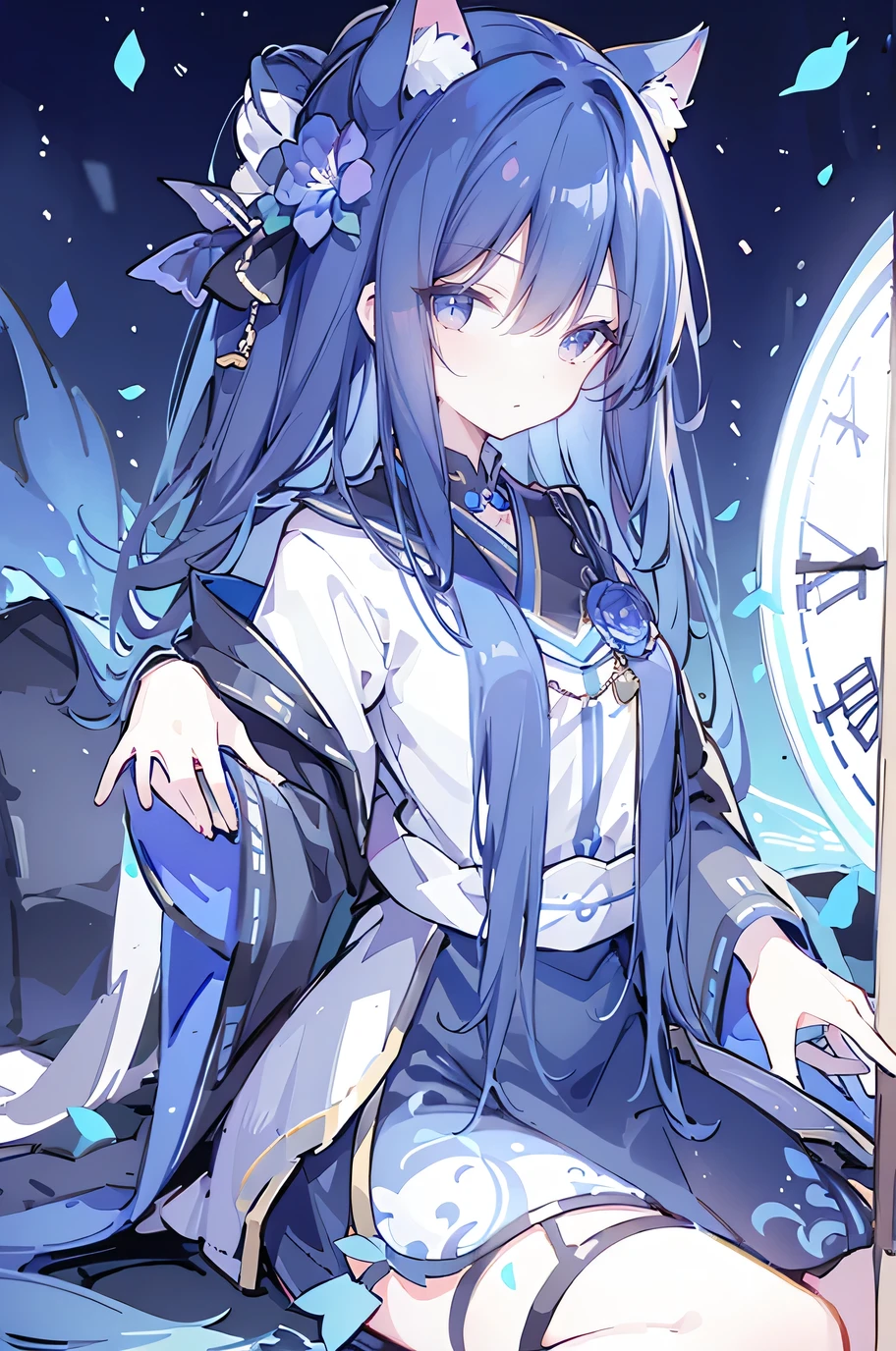 (Masterpiece:1.2),Ultra-detailed,lifelike,The eyes are expressive,Fair skin,Perfect face shape,1 girl,Japanese Manga,Gorgeous blue hair,Flowing blue hair,Flowing clothes,Cat ears,Petals falling,Shy face,sitting on window,Place your hand on your lips,masterpiece, absurdres, novel cover, cover illustration, 1girl, solo, dark blue-haired ponytail, mage robes, flower background, clock background, monochrome, line drawing