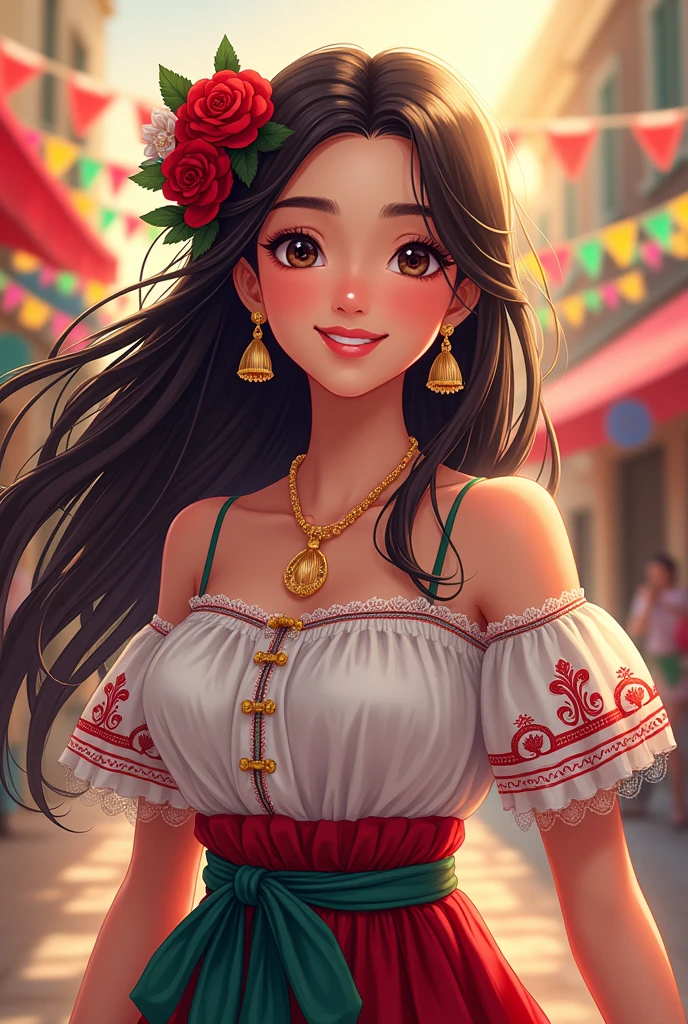 Create a woman with long dark brown hair dressed for Mexican Independence Day and name her Judith in anime-style cursive.